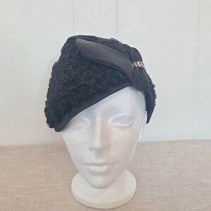 Vintage Black Cocktail Hat Satin Bow Rhinestone Accent 50s 60s Church Fascinator